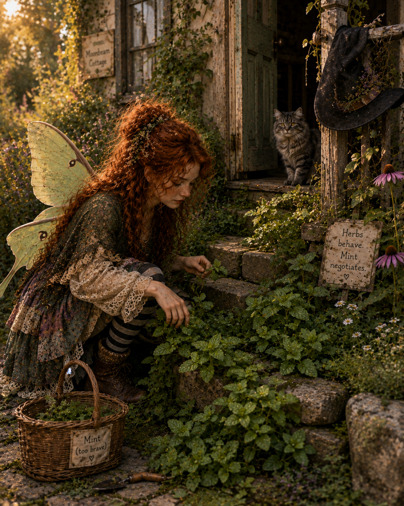 Maeve Moonbeam gathers fresh mint beside the cottage steps as the enthusiastic herb spills between stones and into the surrounding late-summer garden.