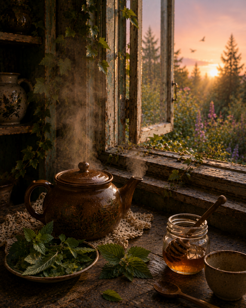 Maeve’s covered teapot steeps beside an open cottage window with fresh lemon balm, mint and honey nearby as the late-summer garden brightens with first light.