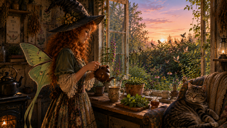 Maeve Moonbeam pours lemon balm and mint tea beside her open cottage window at first light while small birds gather in the waking August garden and Smokey watches sleepily nearby.