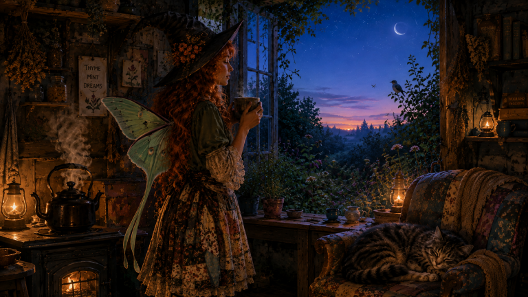 Maeve Moonbeam holds a steaming mug in her cozy cottage kitchen before sunrise, her sage-green luna moth wings lit by warm stove light while Smokey sleeps in a nearby chair and the first bird waits in the blue garden outside.