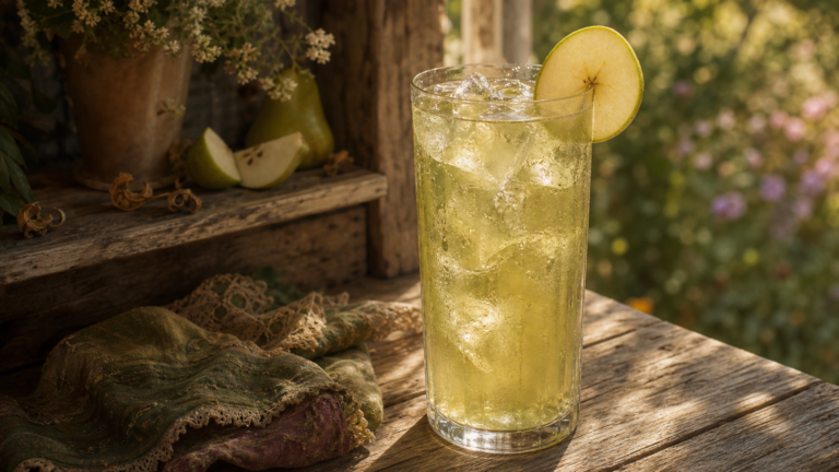A condensation-covered glass of pale green-gold iced pear and ginger tea sits on a shaded wooden porch beside pear pieces, with curled seed envelopes softly visible behind it.