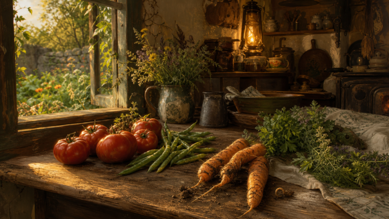 A small harvest of tomatoes, green beans, crooked carrots, and herbs rests on an old wooden kitchen table beside an open window overlooking a green garden.