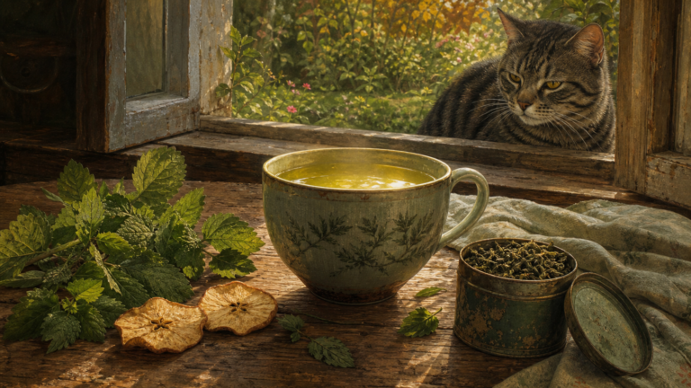 A mug of pale green-gold tea with lemon balm, dried apple, and a green tea tin on a wooden table by an open autumn garden window, with Smokey watching from the sill.