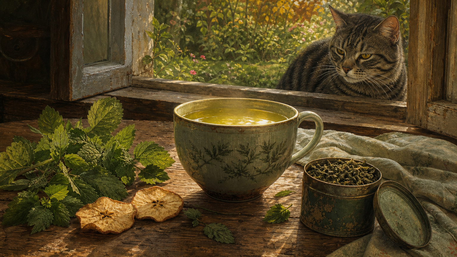 A mug of pale green-gold tea with lemon balm, dried apple, and a green tea tin on a wooden table by an open autumn garden window, with Smokey watching from the sill.