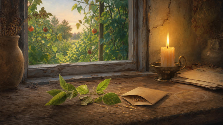 A green garden sprig, an envelope of saved seeds, and a lit candle sit on a wooden windowsill as twilight falls over a still-green cottage garden.