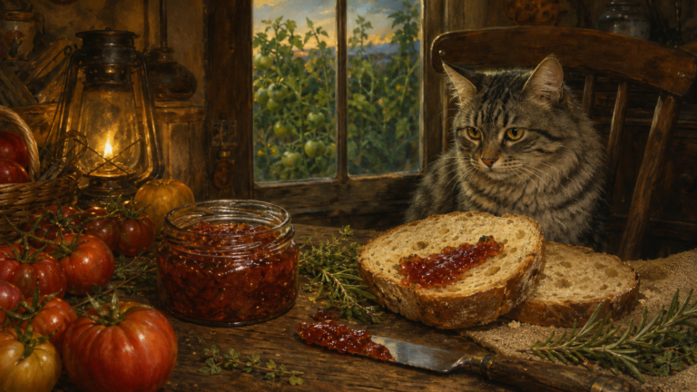 A jar of glossy dark red tomato jam with rustic bread, tomatoes, and fresh herbs on a cottage kitchen table while Smokey watches from a chair in the background.