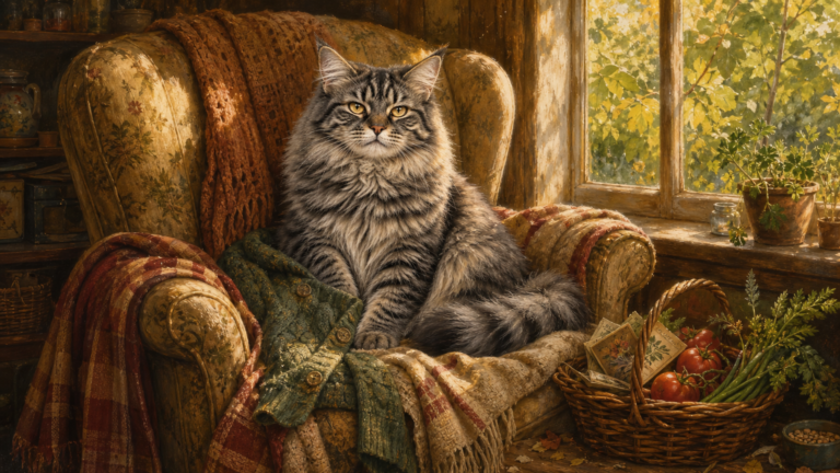 Smokey, a fluffy striped gray tabby, sits smugly in a sunlit old armchair covered with two blankets and Maeve's cardigan, beside a basket of garden harvest.