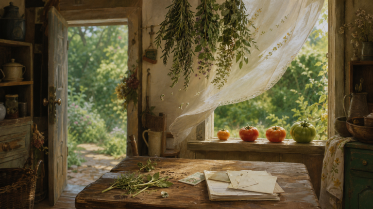 A cottage kitchen with herbs drying above a table, four uneven tomatoes ripening on the open window sill, and a partly hidden seed envelope among correspondence while a green garden shows outside.