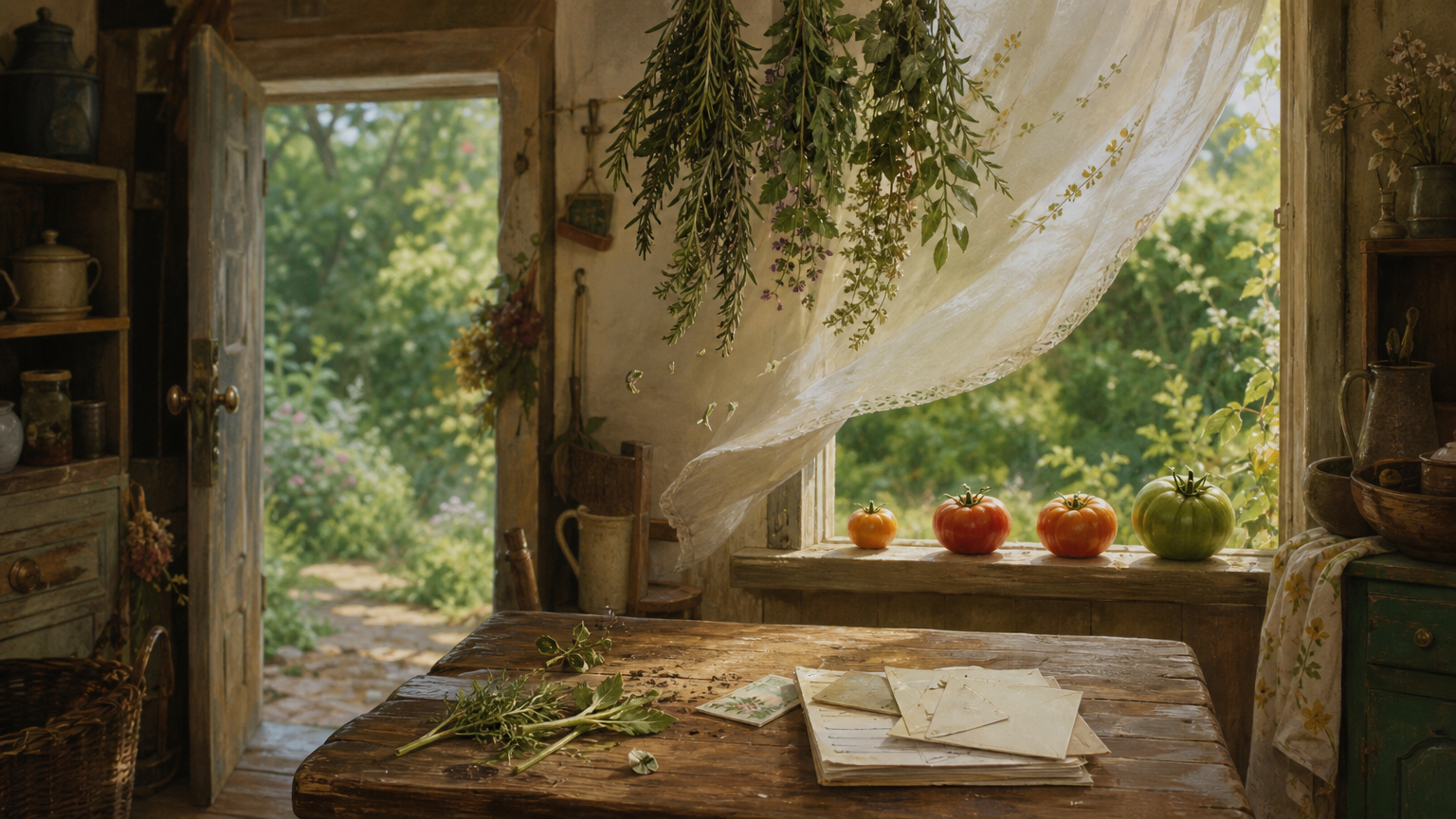 A cottage kitchen with herbs drying above a table, four uneven tomatoes ripening on the open window sill, and a partly hidden seed envelope among correspondence while a green garden shows outside.