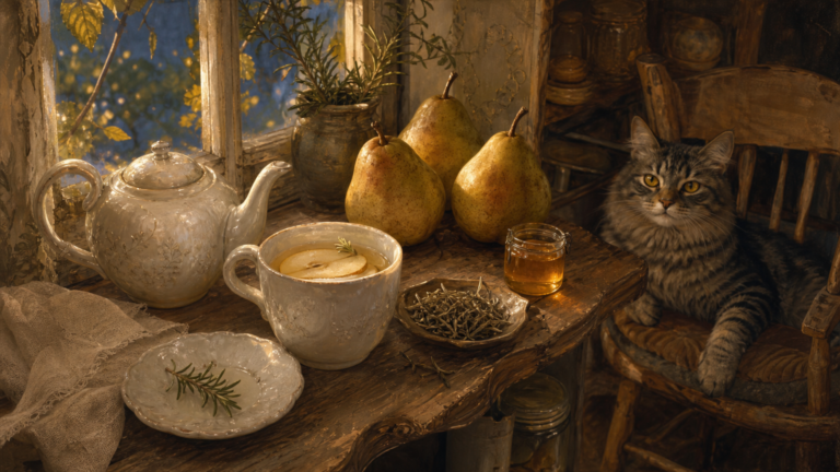 A pale pot and mug of pear and rosemary white tea sit on a cottage tea shelf with ripe pears, while a gray tabby cat occupies a chair in the background.