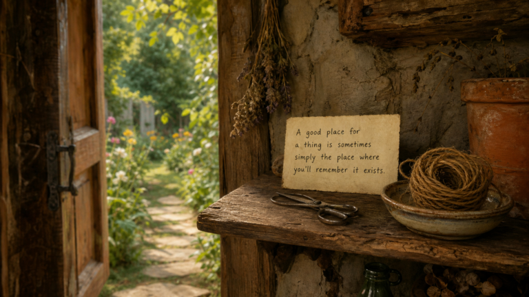 A handwritten note on a wooden shelf by the cottage door sits beside small garden snips and a coil of twine, with greenery visible outside.