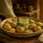 Warm potatoes in a ceramic dish with green herb butter melting over the top on a cottage kitchen table.