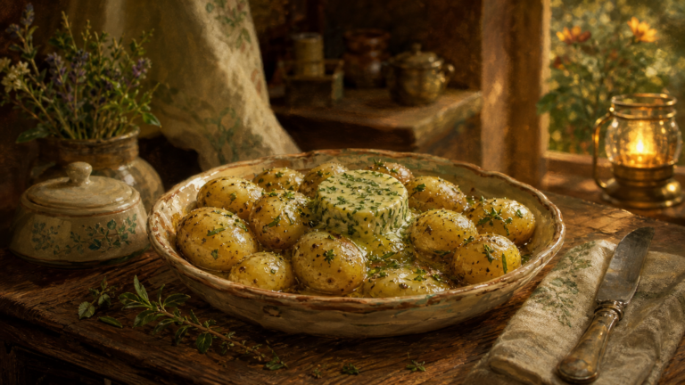 Warm potatoes in a ceramic dish with green herb butter melting over the top on a cottage kitchen table.