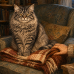 Smokey the gray tabby sits firmly on a folded blanket in a reading chair while Maeve’s hand reaches toward it and pauses.