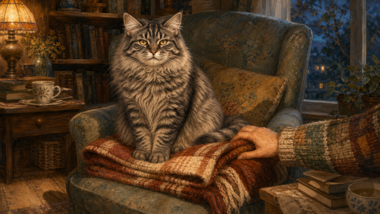 Smokey the gray tabby sits firmly on a folded blanket in a reading chair while Maeve’s hand reaches toward it and pauses.