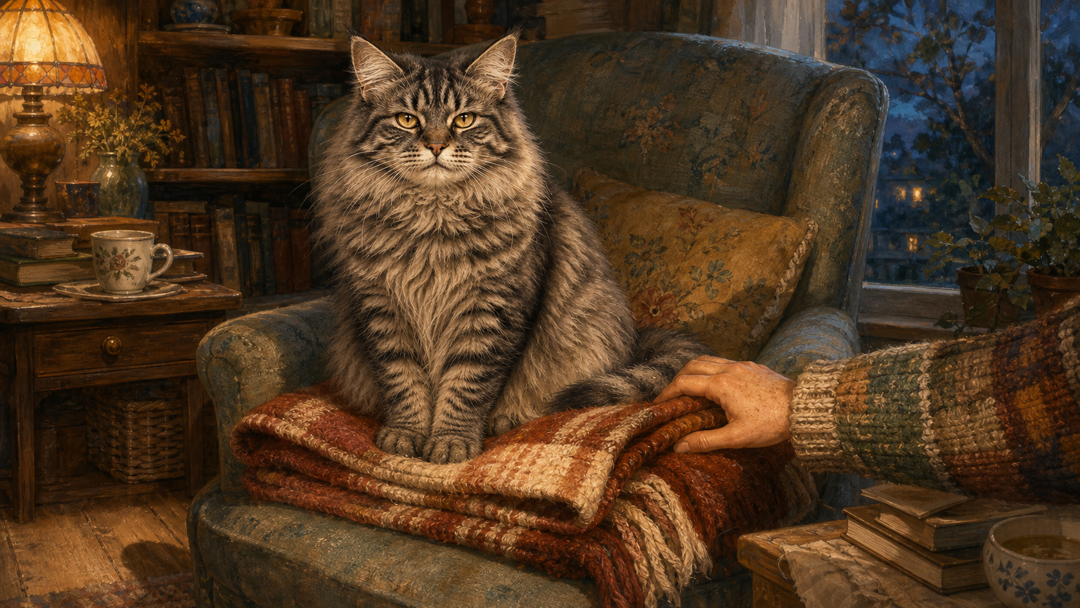 Smokey the gray tabby sits firmly on a folded blanket in a reading chair while Maeve’s hand reaches toward it and pauses.