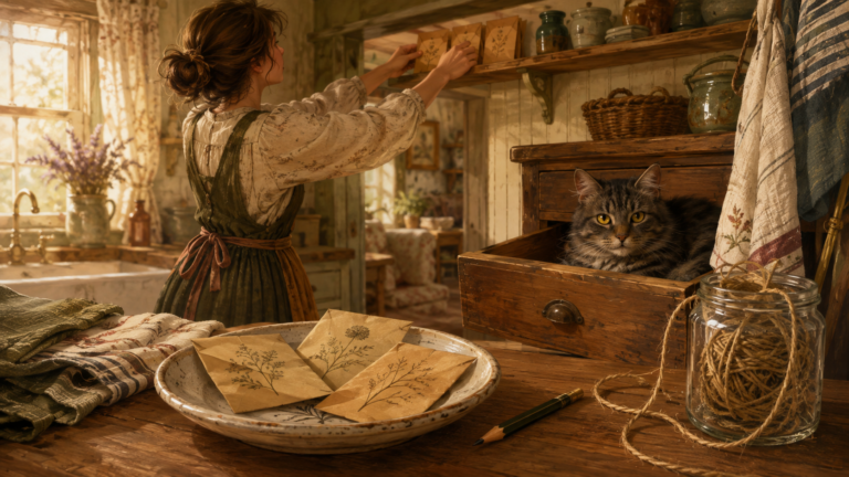Three seed envelopes and a jam jar of garden twine sit on a kitchen saucer while Smokey occupies an open drawer below.