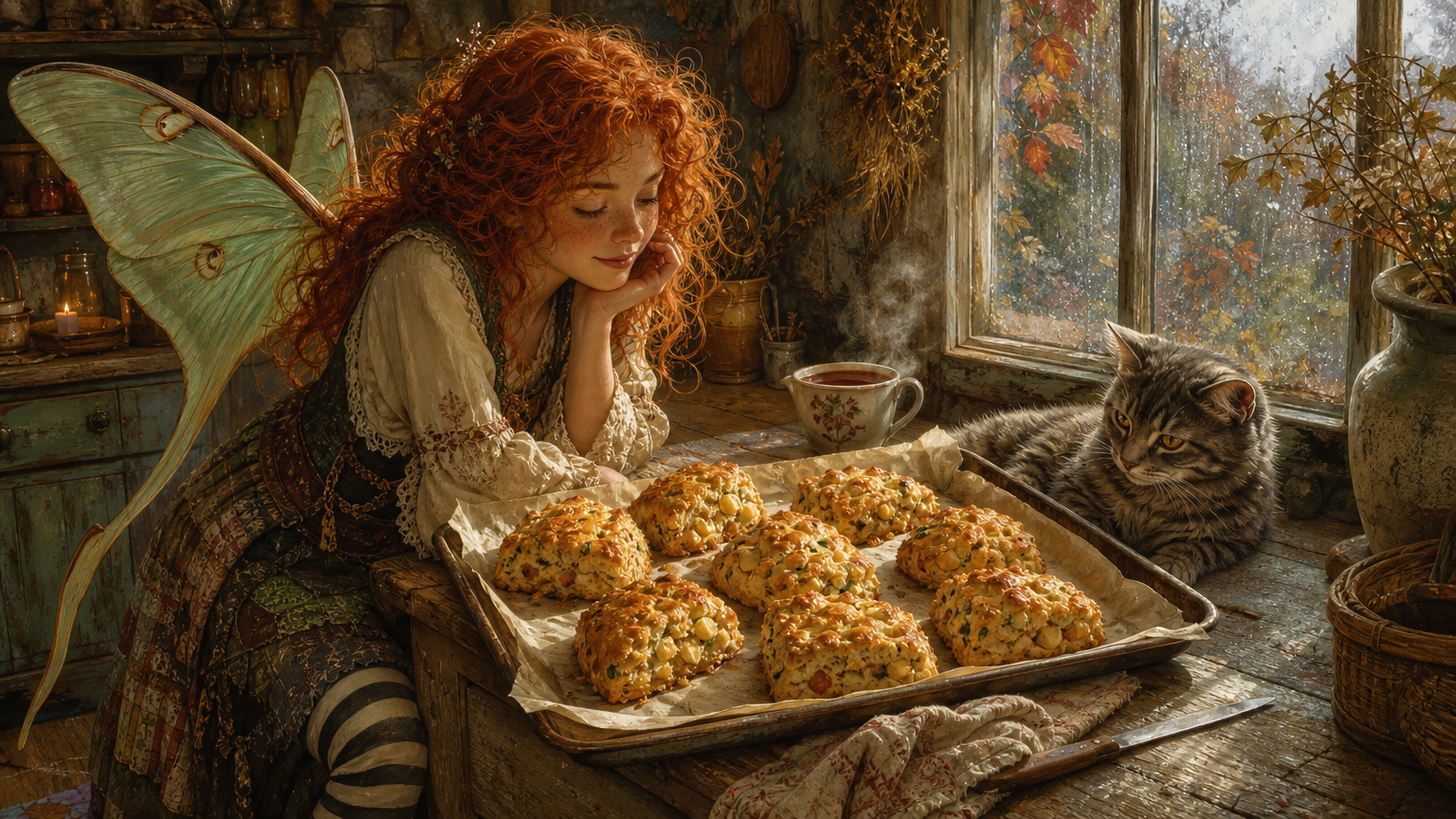 Eight golden apple, cheddar and chive scones cool on a baking tray beside a cottage kitchen window, with a cup of tea nearby.