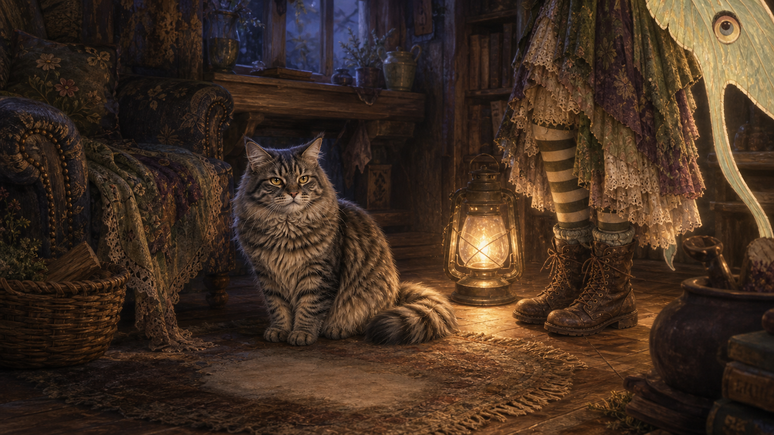 Smokey the gray tabby guards an empty patch of worn rug beside a chair while Maeve’s striped stockings stand in lantern light behind him.