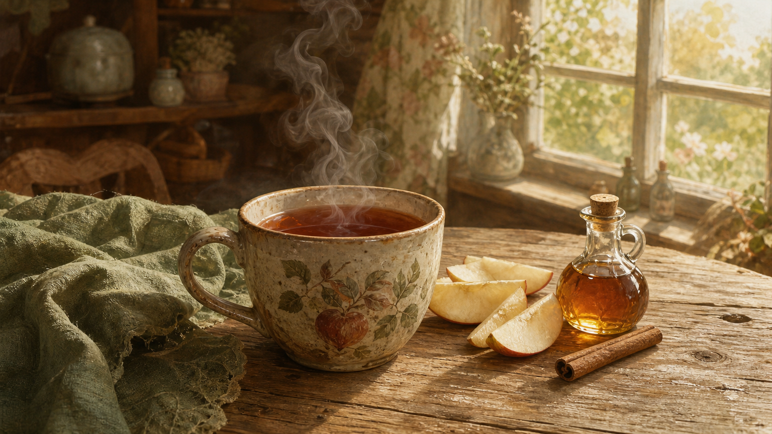 A steaming ceramic mug of amber-red apple rooibos tea on a weathered wood table with apple slices, cinnamon, and a small bottle of maple syrup.
