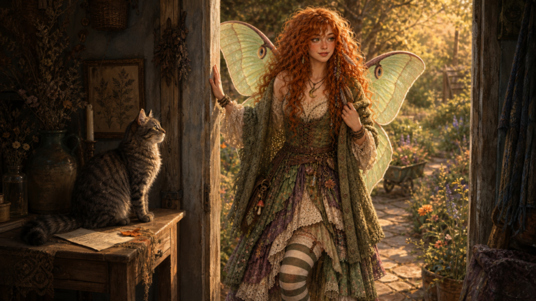 Maeve stands in a cottage doorway with her cardigan half off, caught between a warm sunlit garden and the cool shadowed interior.