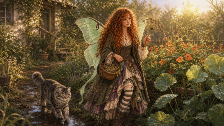Maeve pauses in a dew-covered morning garden with a dill seed head and basket while Smokey carefully avoids the wet grass nearby.