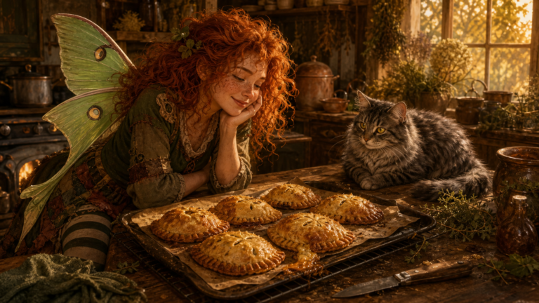 A tray and cooling rack of irregular golden mushroom and leek hand pies on a worn wooden table, with thyme and pastry crumbs nearby.