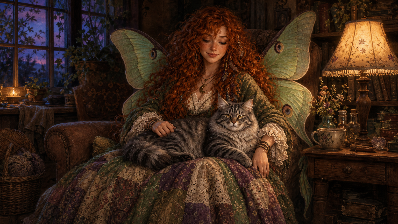 Smokey, a fluffy gray striped tabby, sprawls across nearly all of Maeve's lap blanket in a warmly lit sitting room while blue-violet evening shows through the windows.