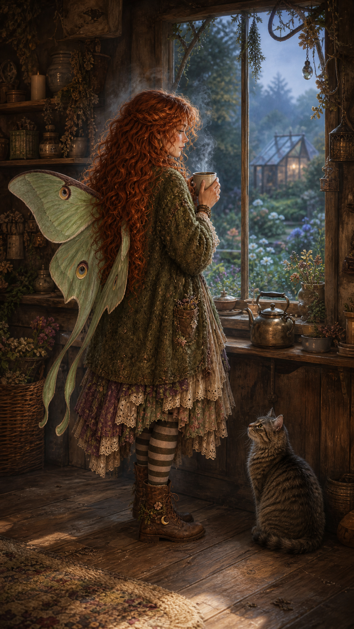 Maeve, wearing her old cardigan, holds a steaming mug at the cottage kitchen window in the blue-gray morning.