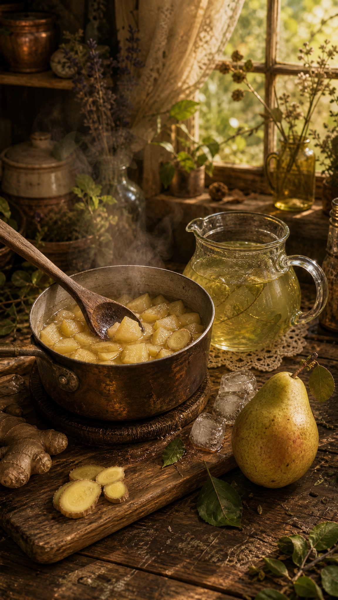 Diced pear and ginger simmer in a small saucepan on a worn kitchen board beside freshly brewed pale green tea and ice.