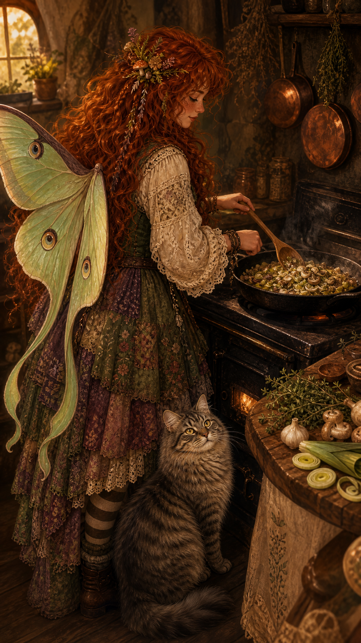 Maeve's hands stir mushrooms and leeks in a skillet while Smokey the gray tabby waits beside the stove.