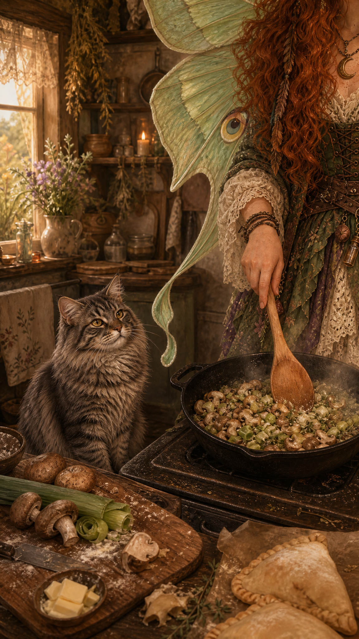 Maeve stirs mushrooms and leeks in a skillet while Smokey watches beside the stove in her warm cottage kitchen.