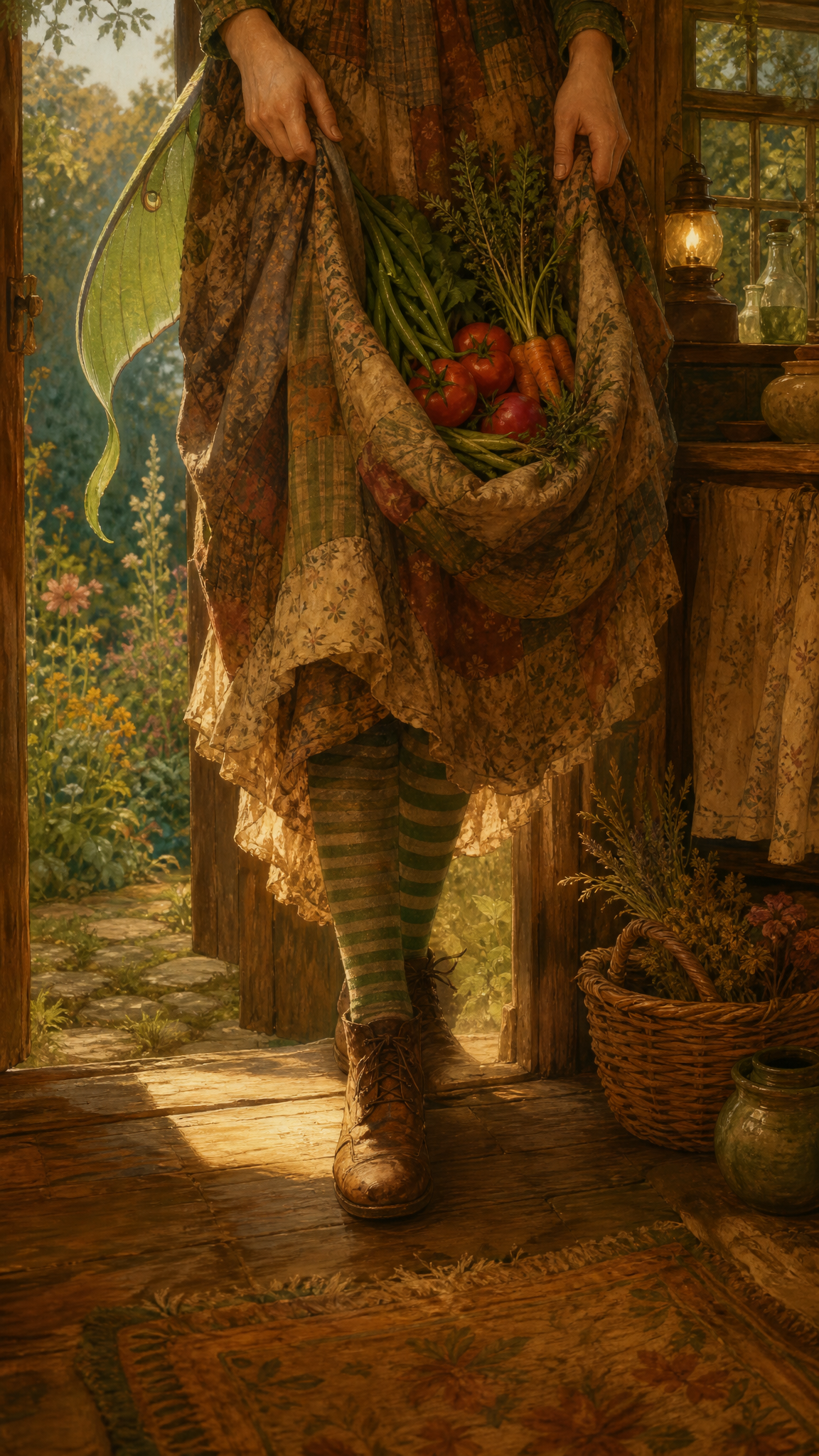 Maeve carries tomatoes, beans, carrots, and herbs in the fold of her patchwork skirt as she steps in from the green garden.