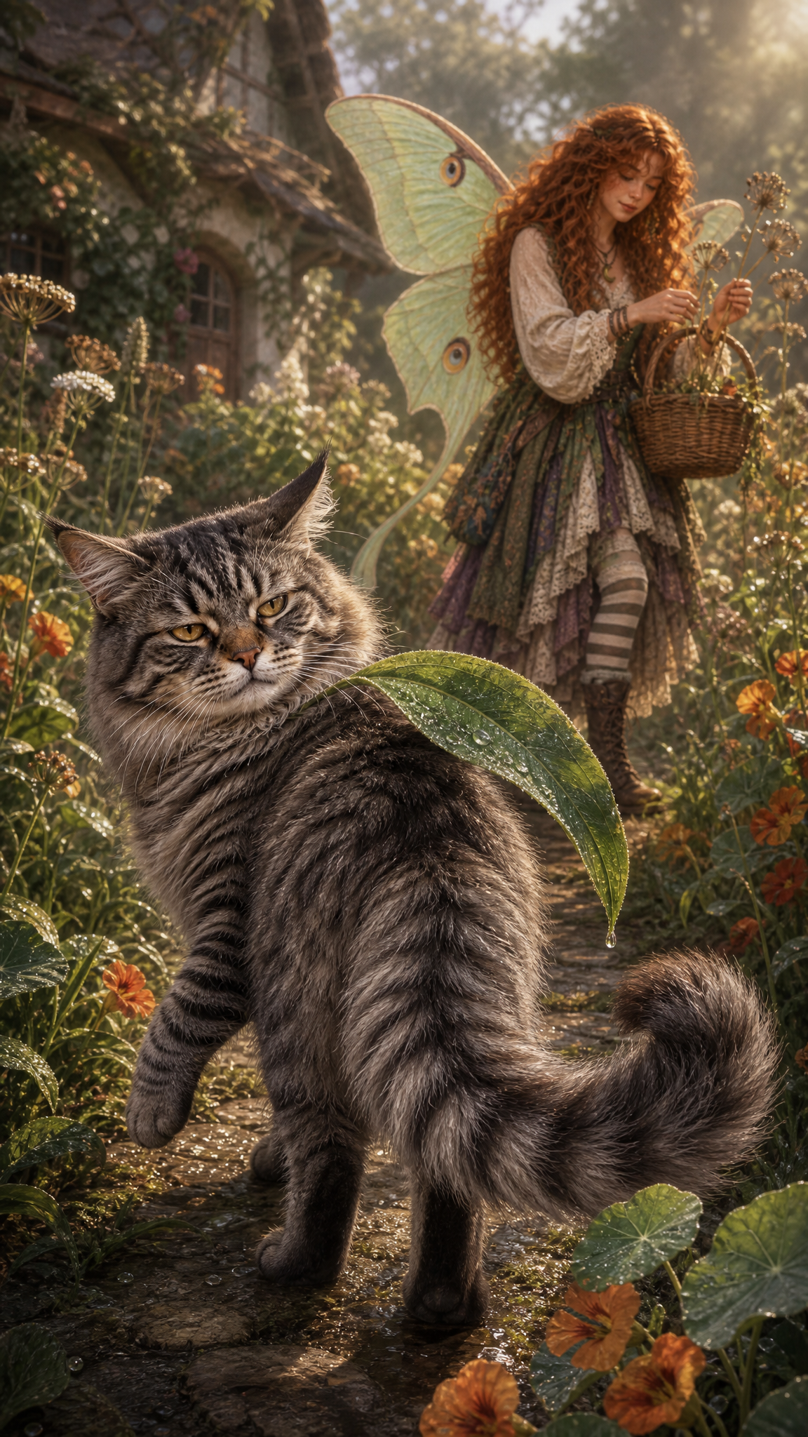 Smokey turns away from a wet leaf with offended ears and heads toward the cottage while Maeve gathers seeds in the garden behind him.