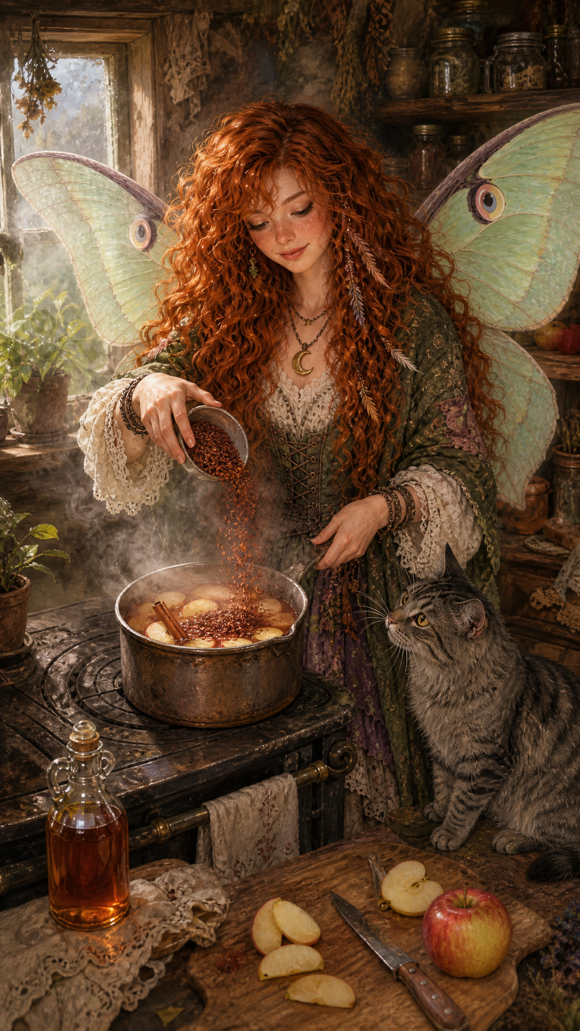 A cottage-witch sleeve adds rooibos to a small saucepan of simmered apple slices and cinnamon as steam rises near a kitchen window.