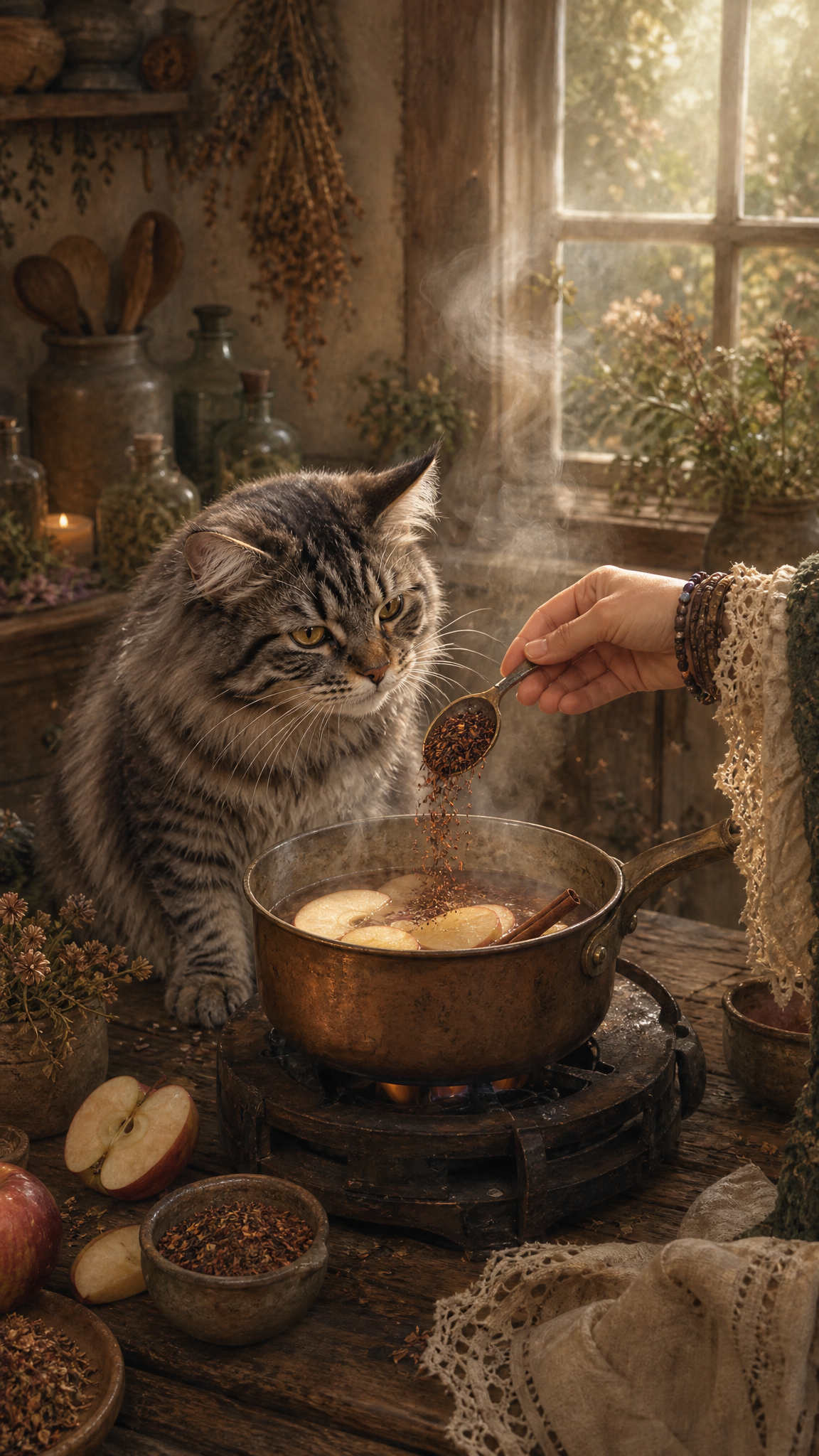 Apple slices and cinnamon simmer in a small saucepan as a gray tabby cat watches the rising steam from a careful distance while a hand adds rooibos.