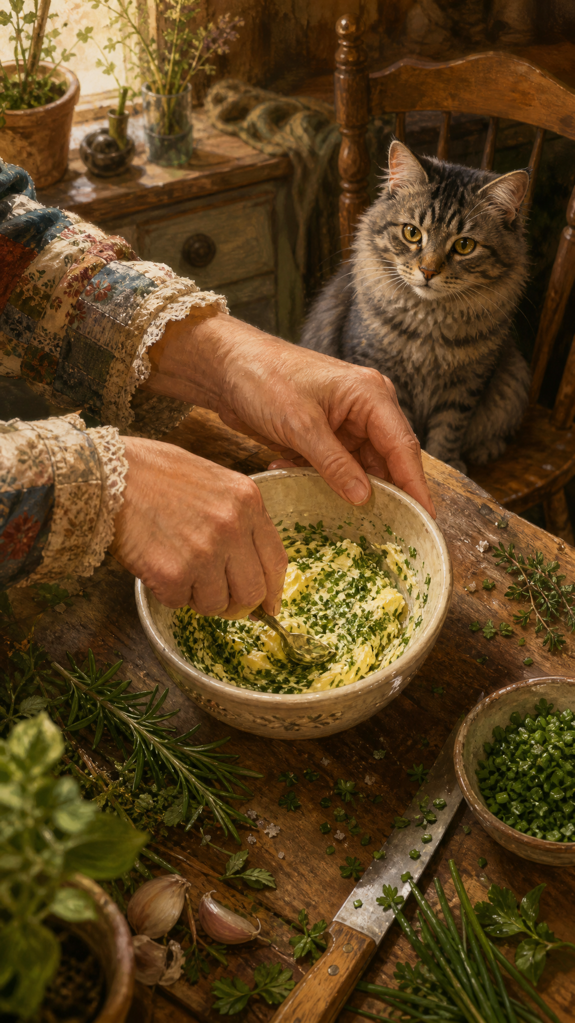 Hands in patchwork sleeves mix chopped green herbs into softened butter in a small bowl while a gray tabby watches from a chair behind.