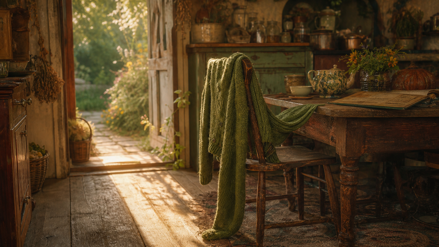 Maeve's cardigan lies forgotten over a wooden kitchen chair in warm afternoon sunlight beside an open garden door.