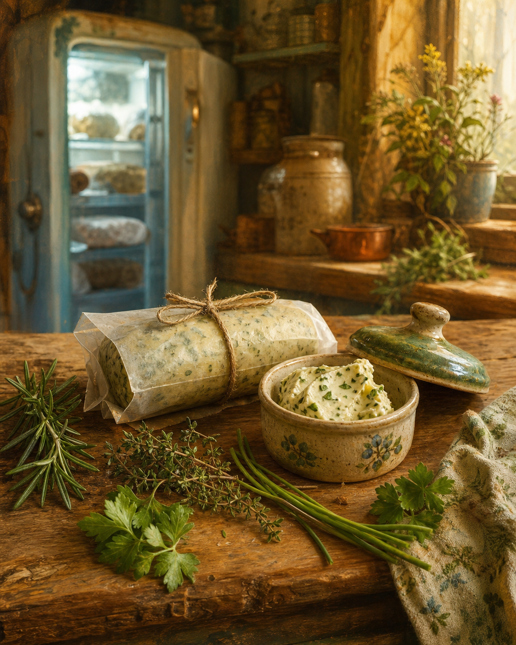 A small parchment-wrapped log of green herb butter beside a dish holding another portion and scattered fresh herbs on a kitchen counter.
