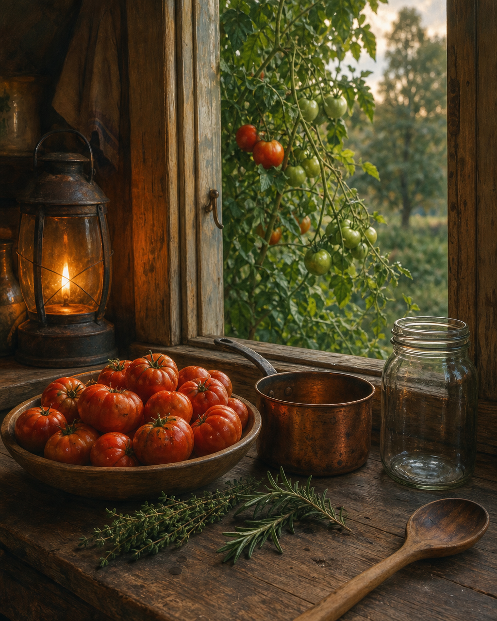 Ripe tomatoes, thyme, rosemary, a copper saucepan, and an empty jar sit by a window looking onto still-green tomato vines.