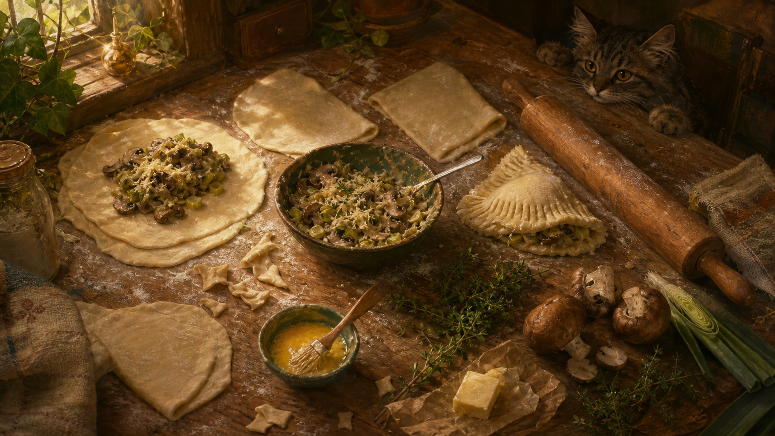 Raw pastry circles, mushroom and leek filling, thyme, and a rolling pin cover a flour-dusted wooden board as hand pies are assembled.