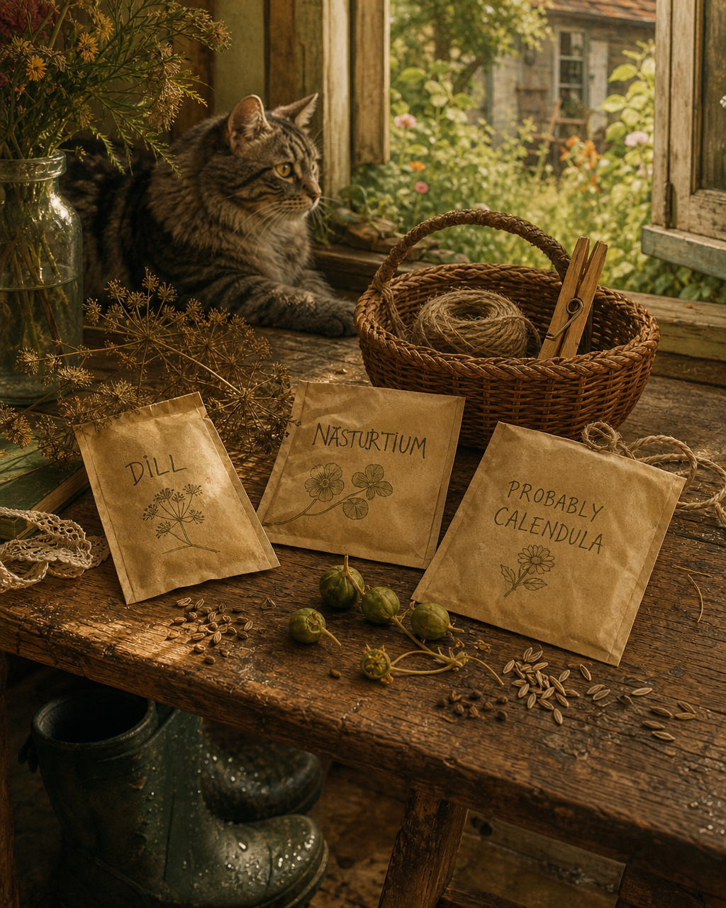 Three hand-labeled seed envelopes sit with dill heads, nasturtium pods, twine, and a clothespin on a sunlit cottage table.