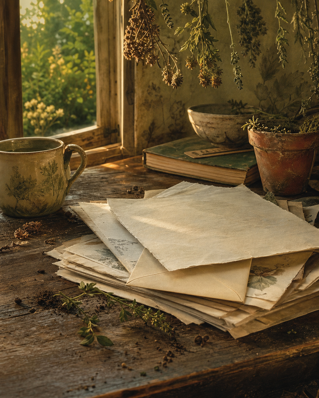 A blank seed envelope peeks from beneath a casual stack of letters on a worn cottage table beside a herb stem and a little spilled soil.