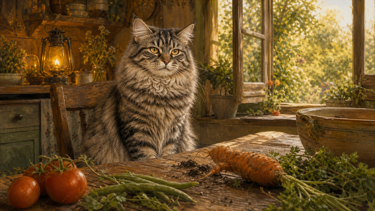 Smokey the gray tabby sits on a wooden chair beside a table of tomatoes, beans, herbs, and a crooked carrot, watching the harvest.