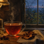 A clear cup of glowing amber-red herbal tea steams beneath a lamp beside a window looking onto a garden fading into evening darkness.