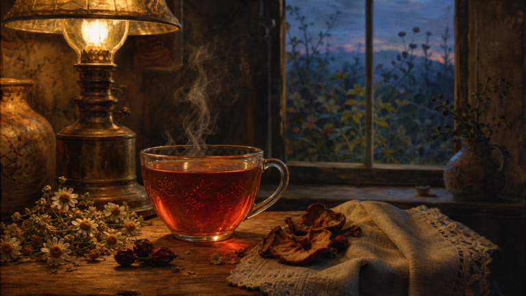 A clear cup of glowing amber-red herbal tea steams beneath a lamp beside a window looking onto a garden fading into evening darkness.