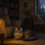 A single candle lights one chair, a brass picture-frame edge, and a gray tabby resting at the edge of a rug in a dim blue-gray sitting room.