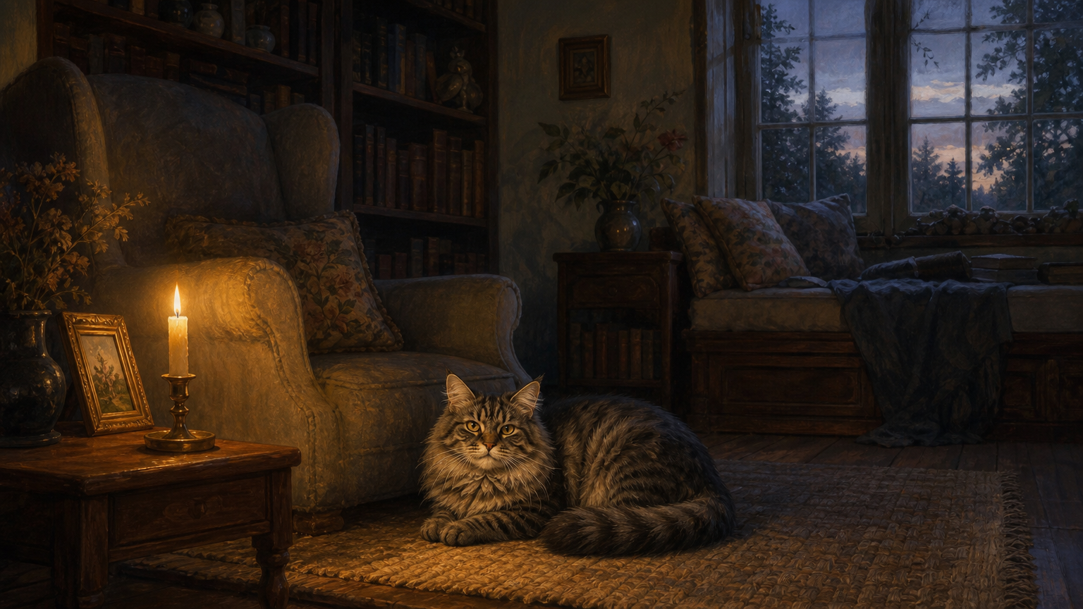 A single candle lights one chair, a brass picture-frame edge, and a gray tabby resting at the edge of a rug in a dim blue-gray sitting room.