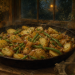A skillet of golden new potatoes, bright green beans, and caramelized onions on a wooden table in a dim cottage kitchen.