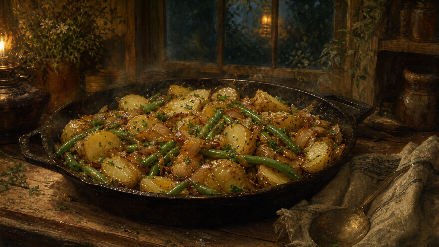 A skillet of golden new potatoes, bright green beans, and caramelized onions on a wooden table in a dim cottage kitchen.
